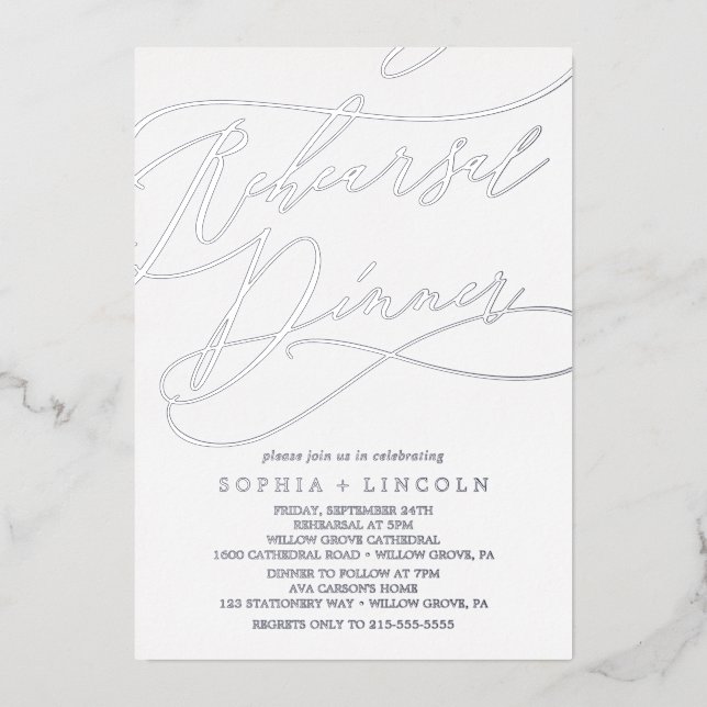 Romantic Silver Foil Calligraphy Rehearsal Dinner (Front)
