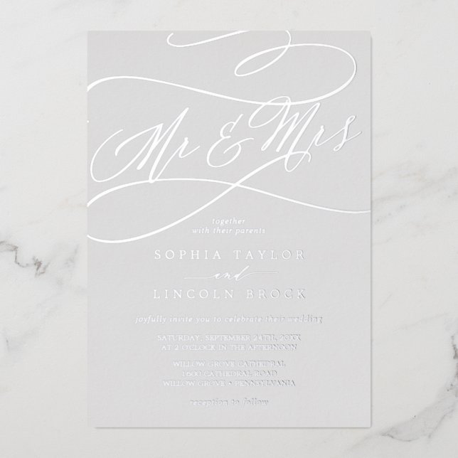 Romantic Silver Foil Grey Mr & Mrs Wedding (Front)