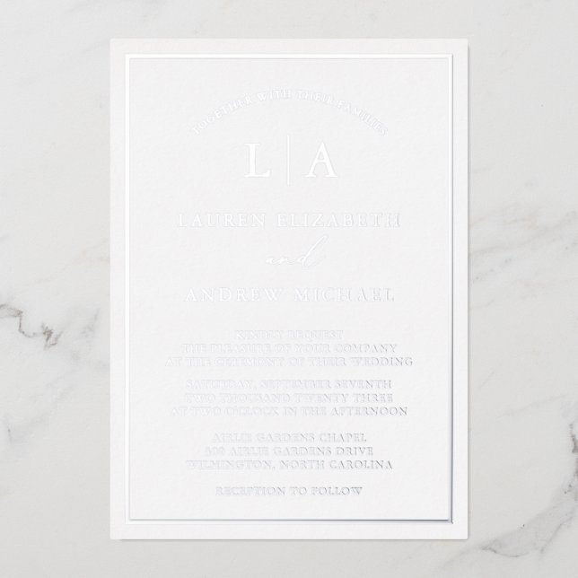 Romantic Silver Foil Monogram Border Wedding (Front)