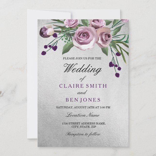 Romantic Silver Purple Rose Floral Wedding Invite (Front)