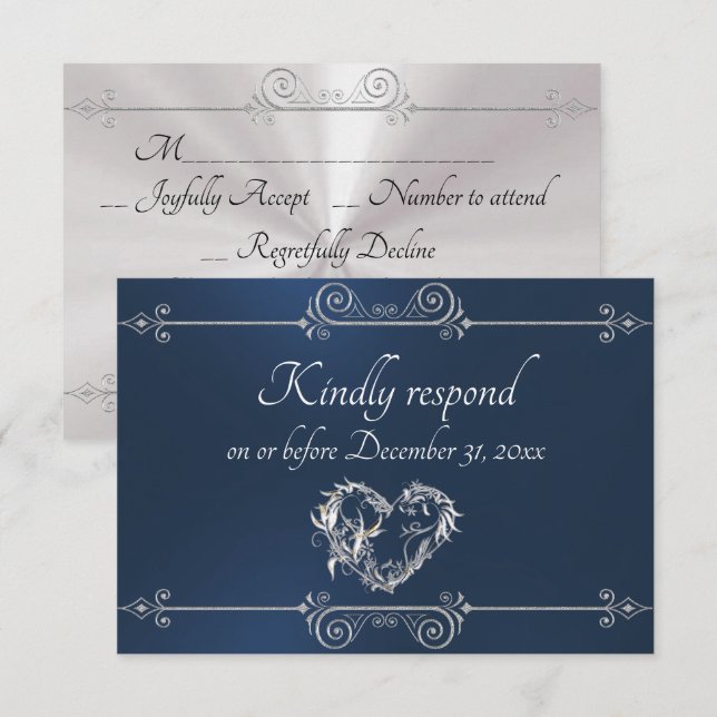 Romantic Silver Scroll Heart on Blue RSVP Card (Front/Back)