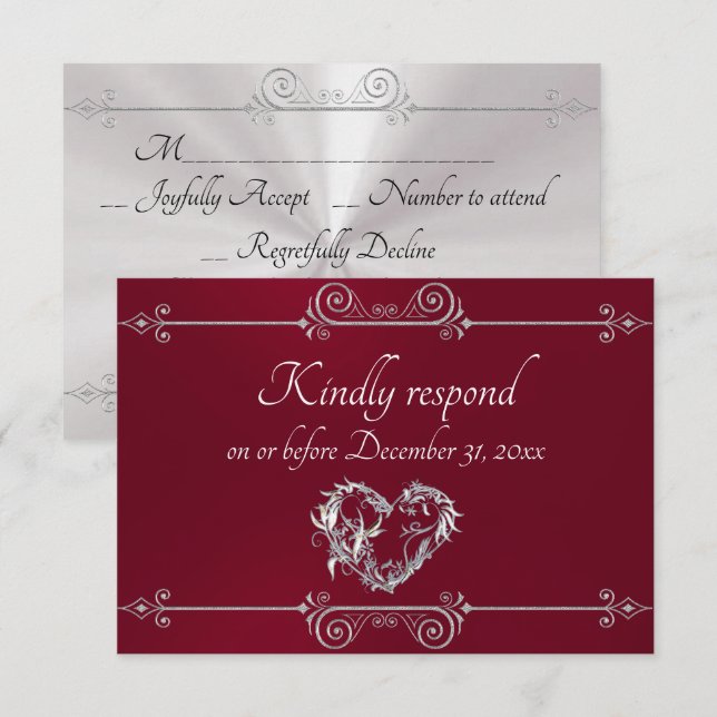 Romantic Silver Scroll Heart on Burgundy RSVP Card (Front/Back)