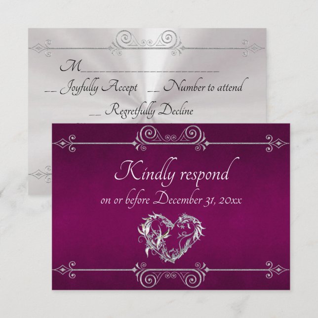 Romantic Silver Scroll Heart on Plum RSVP Card (Front/Back)
