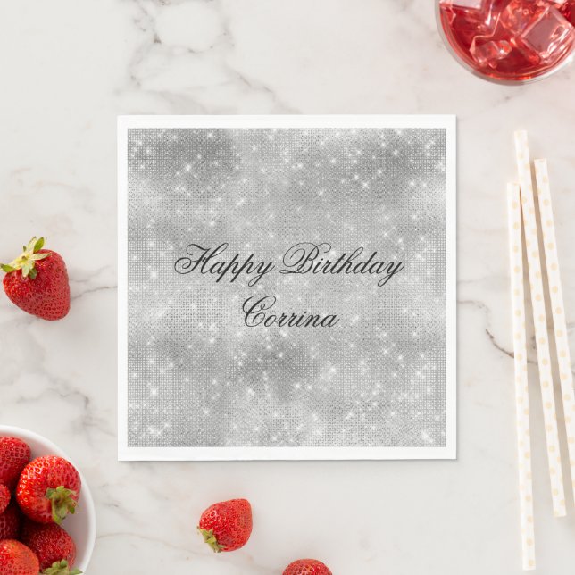 Romantic Silver Sparkle Glitzy Birthday Napkin (Insitu)