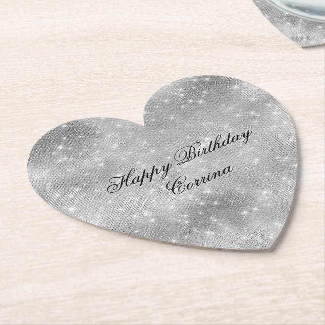Romantic Silver Sparkle Glitzy Birthday Paper Coaster (Angled)