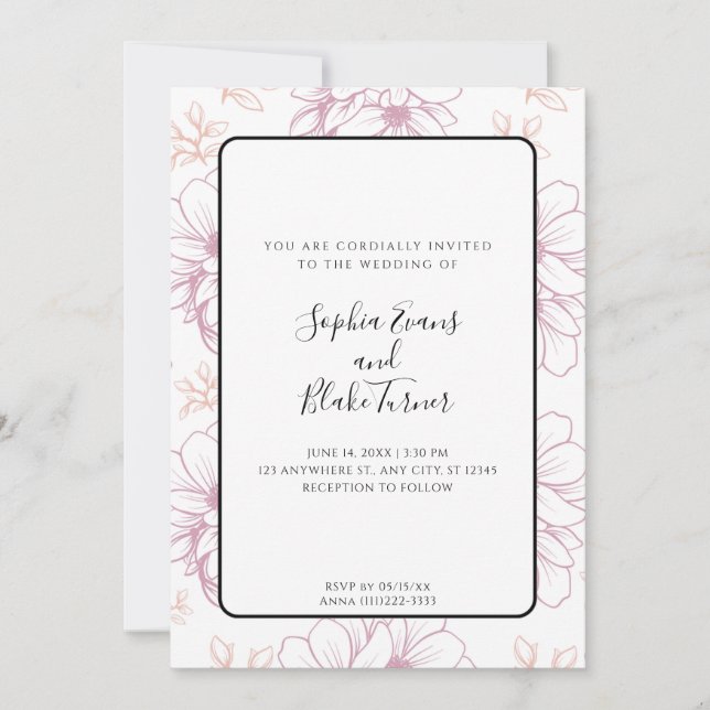 Romantic Simple Mauve Line Drawn Flowers Wedding Invitation (Front)