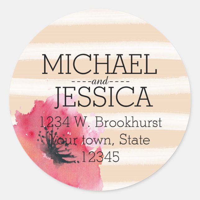 Romantic Simple Stripes Floral address Classic Round Sticker (Front)