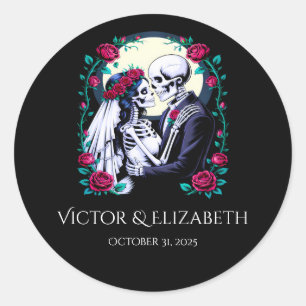 Romantic Skeleton Bride and Groom Wedding Classic Round Sticker