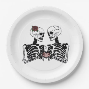 Romantic Skeleton Couple – Gothic With Heart Hands Paper Plate