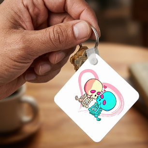 Romantic Skeleton Couple Kissing in Pink Heart Keychain