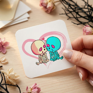 Romantic Skeleton Couple Kissing in Pink Heart Square Sticker