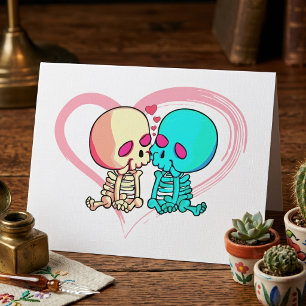 Romantic Skeleton Couple Kissing in Pink Heart Thank You Card