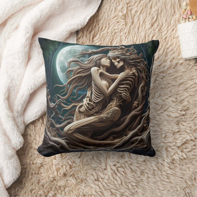 Romantic Skeletons Embracing Under a Full Moon Throw Pillow (Blanket)