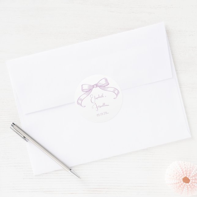 Romantic Sketched Bow | Lilac  Classic Round Sticker (Envelope)