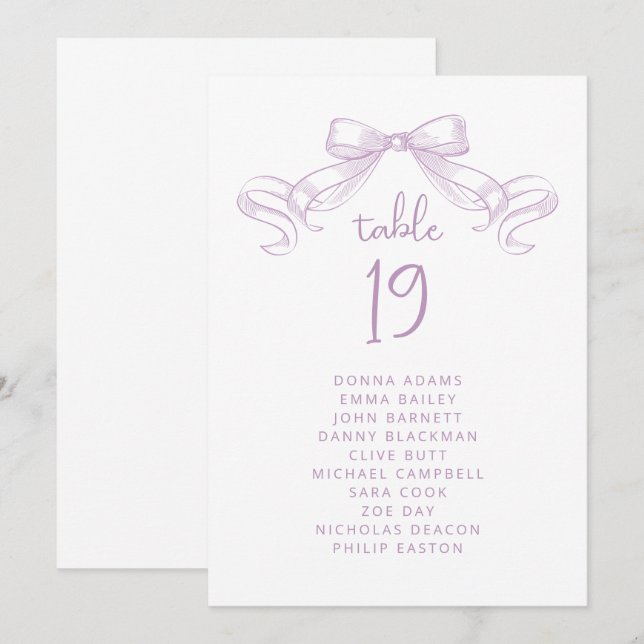 Romantic Sketched Bow | Lilac Seating Chart Card (Front/Back)