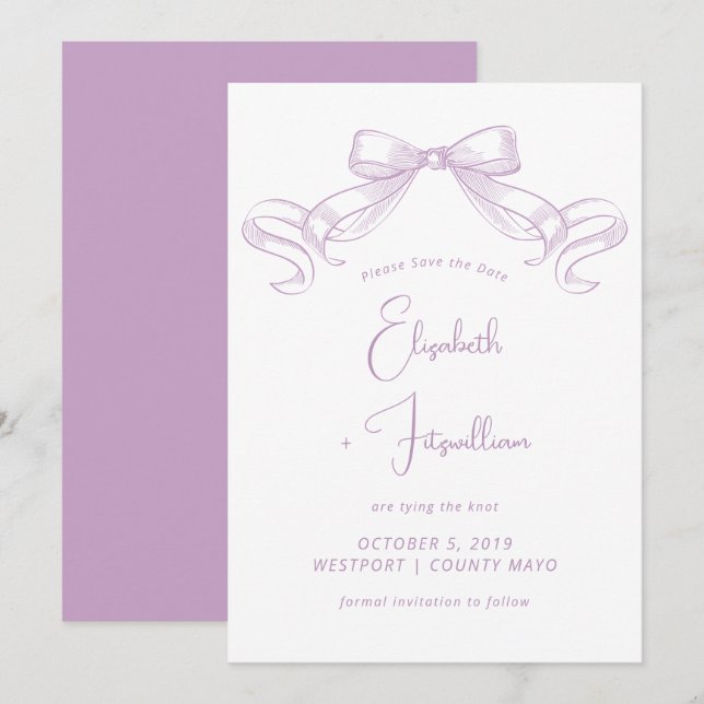 Romantic Sketched Bow | Lilac Tie The Knot  Save The Date (Front/Back)