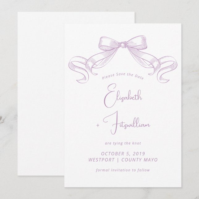 Romantic Sketched Bow | Lilac Tie The Knot  Save The Date (Front/Back)