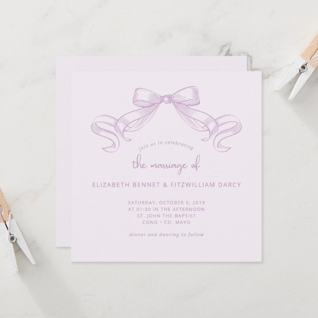 Romantic Sketched Bow | Lilac Wedding Of Square Invitation (Front/Back In Situ)