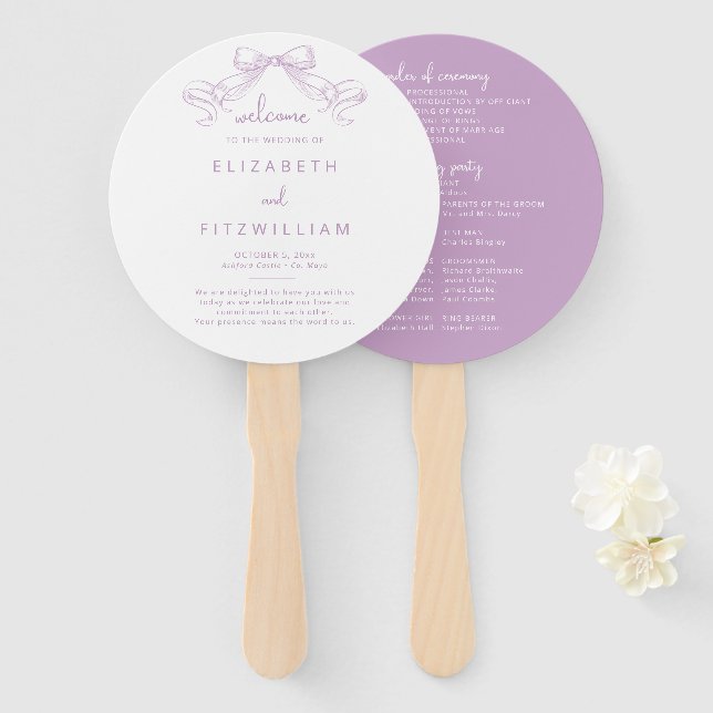 Romantic Sketched Bow | Lilac Wedding Program Hand Fan (Front and Back)