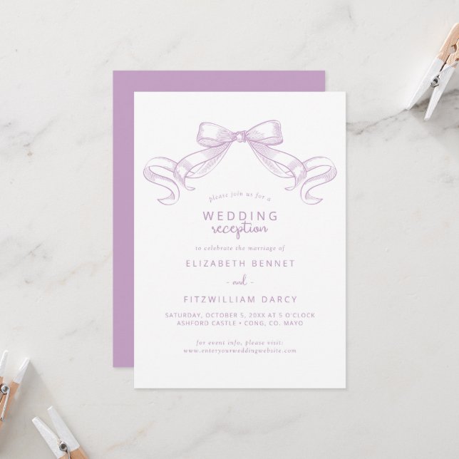 Romantic Sketched Bow | Lilac Wedding Reception  Invitation (Front/Back In Situ)