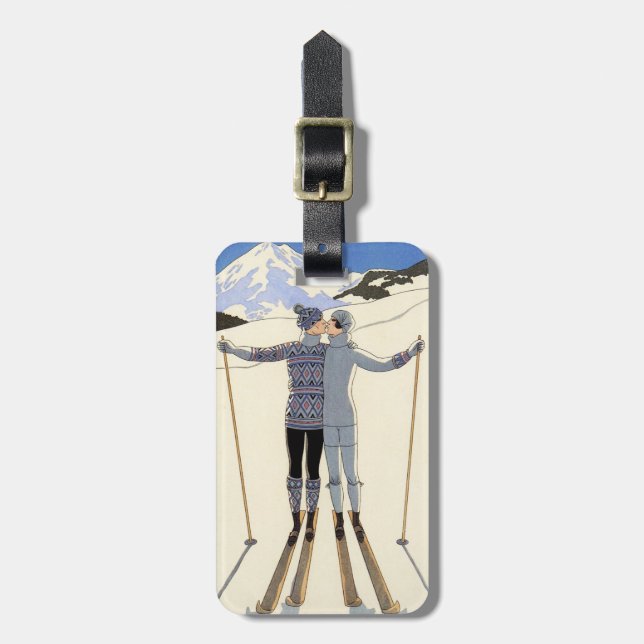 Romantic Skiing Couple Luggage Tag (Front Vertical)