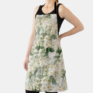 Romantic Smooth White Flowers and Green Leaves Apron
