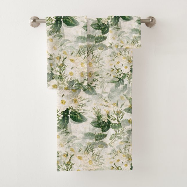 Romantic Smooth White Flowers and Green Leaves Bath Towel Set (Insitu)