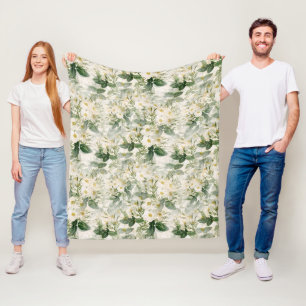 Romantic Smooth White Flowers and Green Leaves Fleece Blanket