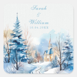 Romantic snowy church wedding  square sticker
