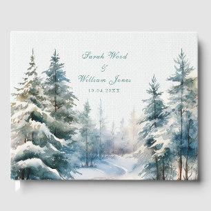 Romantic snowy green forest Wedding Guest Book