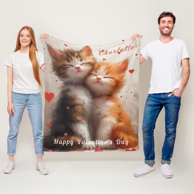 Romantic Snuggling Kittens Red Valentine Hearts  Fleece Blanket (In Situ)
