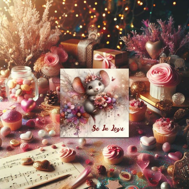 Romantic So In Love Watercolor Mouse Valentine  Holiday Card (Creator Uploaded)