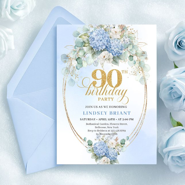 Romantic Soft Blue Hydrangea 90th Birthday Invite (Romantic Soft Blue Hydrangea 90th Birthday Invite)