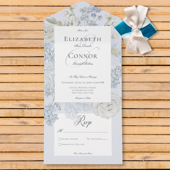 Romantic Soft Blue & White Garden Floral No Dinner All In One Invitation (Romantic Soft Blue & White Garden Floral No Dinner All In One Invitation)