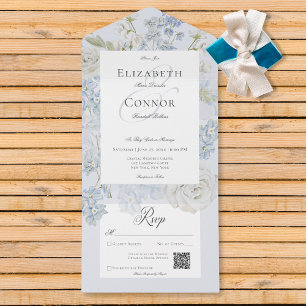 Romantic Soft Blue & White Garden Floral QR Code All In One Invitation