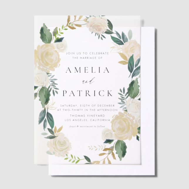 Romantic Soft Ivory Floral Wreath Wedding Vellum Invitations (Offset)