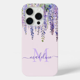 Romantic Soft Lilac Wisteria Monogram Script Name iPhone 15 Pro Case