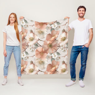 Romantic Soft Peach Flower White Floral Pattern Fleece Blanket