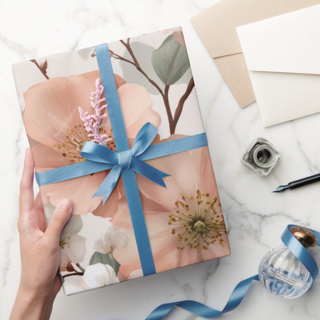 Romantic Soft Peach Flower White Floral Pattern Wrapping Paper (Gifting)