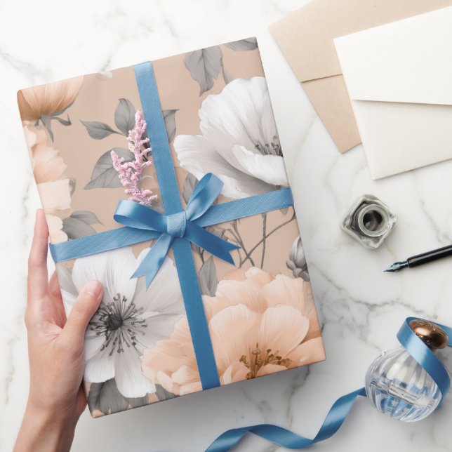 Romantic Soft Peach Flower White Floral Pattern Wrapping Paper (Gifting)