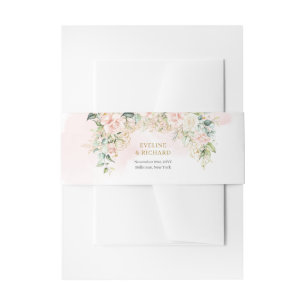 Romantic soft pink roses eucalyptus gold wedding invitation belly band