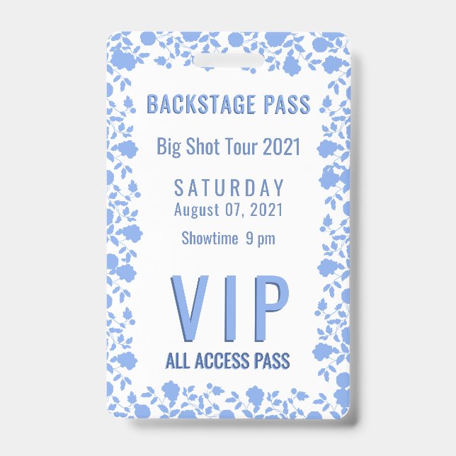 Romantic Soft Pretty Blue Floral VIP Pass Badge (Front)