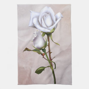 Romantic Soft White Roses Elegant Floral Glam Kitchen Towel