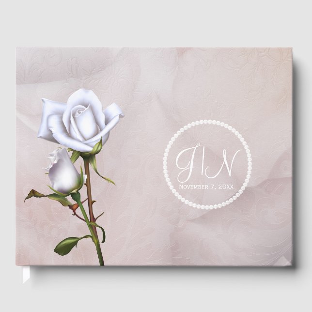 Romantic Soft White Roses Elegant Floral Wedding Guest Book (Front)