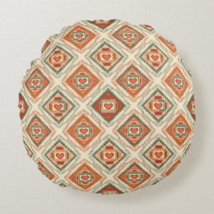 Romantic Southwestern Heart Pattern Peach & Sage Round Pillow