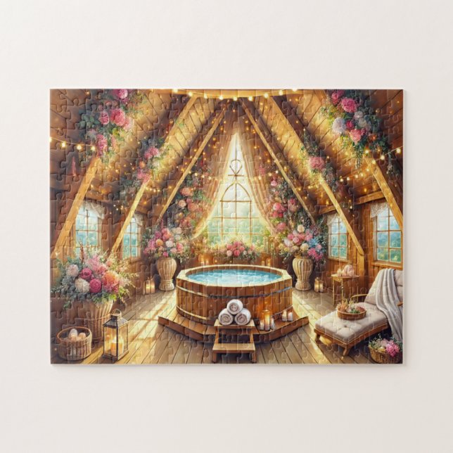 Romantic Spa Retreat Jacuzzi Loft w/ Fairy Lights Jigsaw Puzzle (Horizontal)