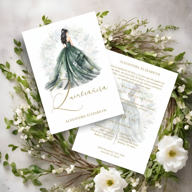 Romantic Spanish Quinceañera in Green & Golden  Invitation (Romantic Spanish Quinceañera in Green & Golden Invitation)