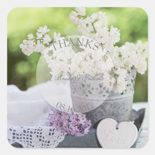 Romantic Spring Flower Floral Lilac Wedding Thanks Square Sticker (Front)