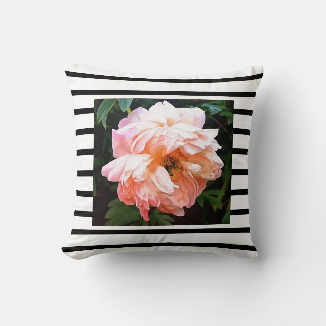 Romantic Spring Peach Peony on Black Stripes Throw Pillow (Front)