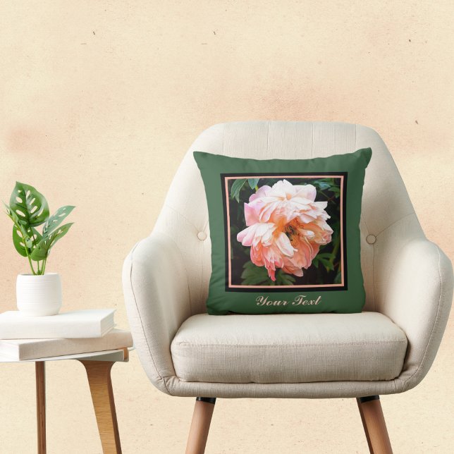 Romantic Spring Peach Peony on Green Throw Pillow (Creator Uploaded)